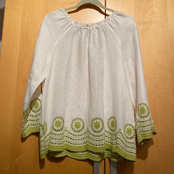 J. Crew Tops - Vintage J. Crew Linen Popover Top White with Green Embroidery Size Medium